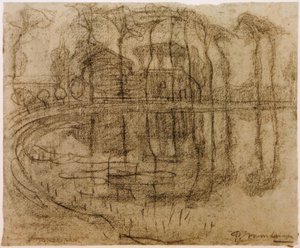 水辺の木々のある農家 作： Piet Mondrian
